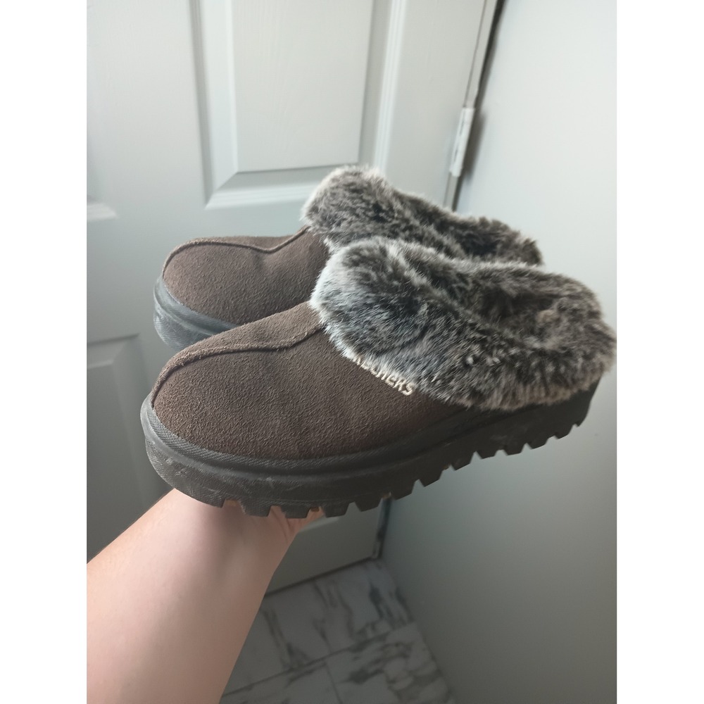 Skechers Vintage Y2K Chunky Lug Sole Faux Fur Mules Brown Suede Clogs Womens 7.5